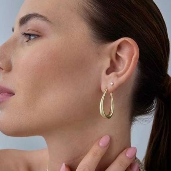 14K White Gold Plated Oval Chunky Hoop Dangle Earrings - Picture 3 of 5